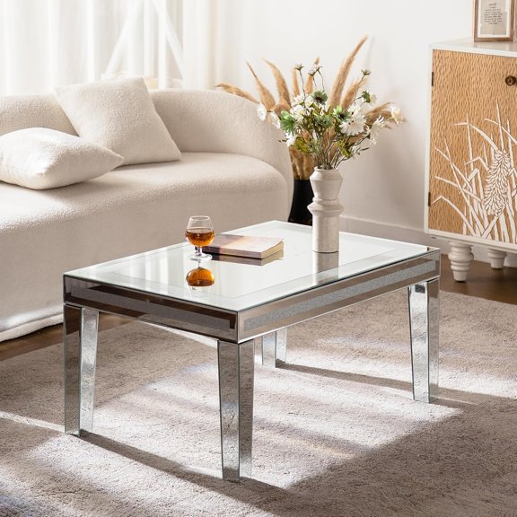 35.75'' Silver Glass Coffee Table Mirrored Finished, Luxury Modern Rectangle Center Table for Living Room Decorative Bling Crushed Diamond Around with Silver Mirror Edge Frame for Small Space