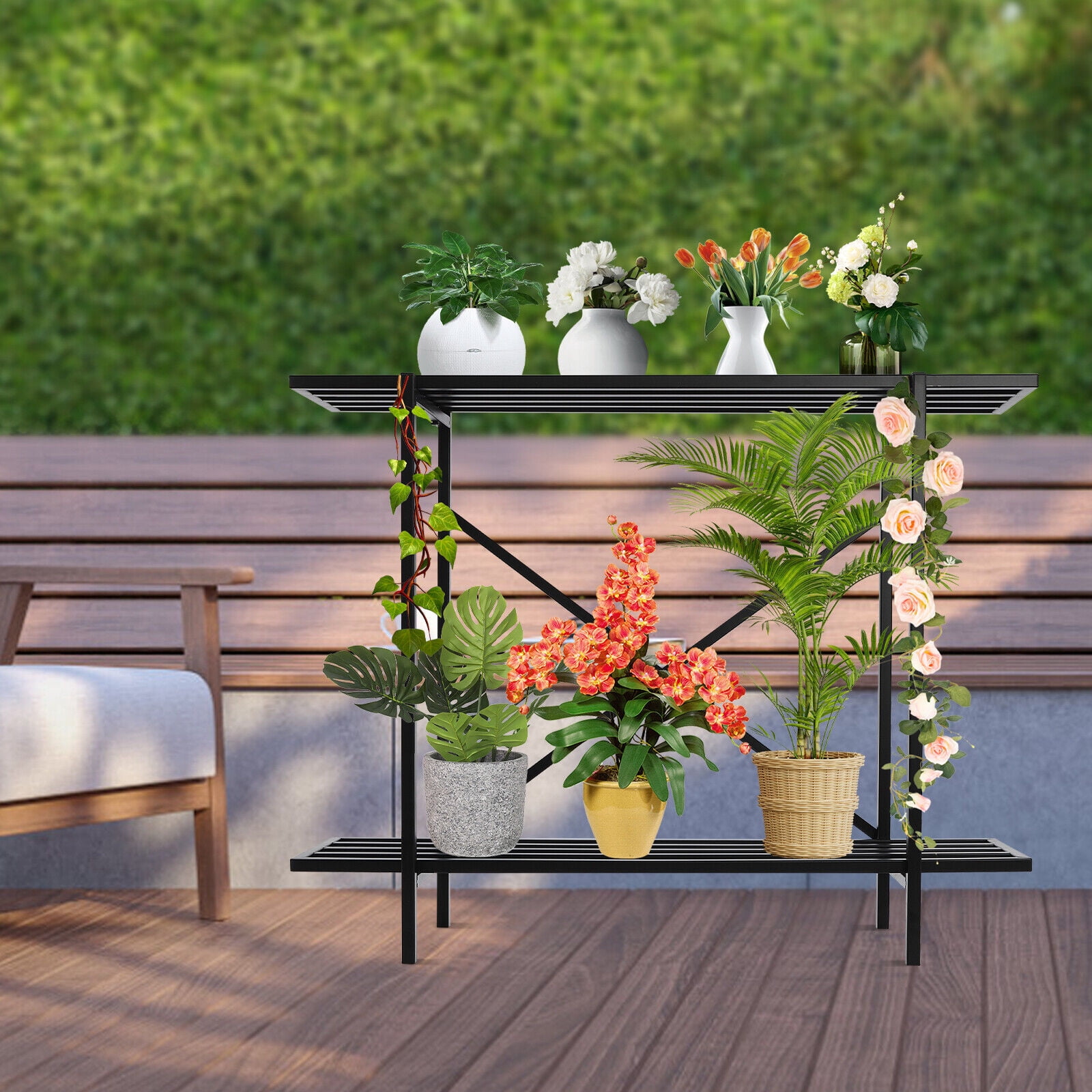 Simple Metal Plant Rack 35*8.6*28in X-shape Modern Black Metal Plant Stand, 2-Tier Plant Stand ...