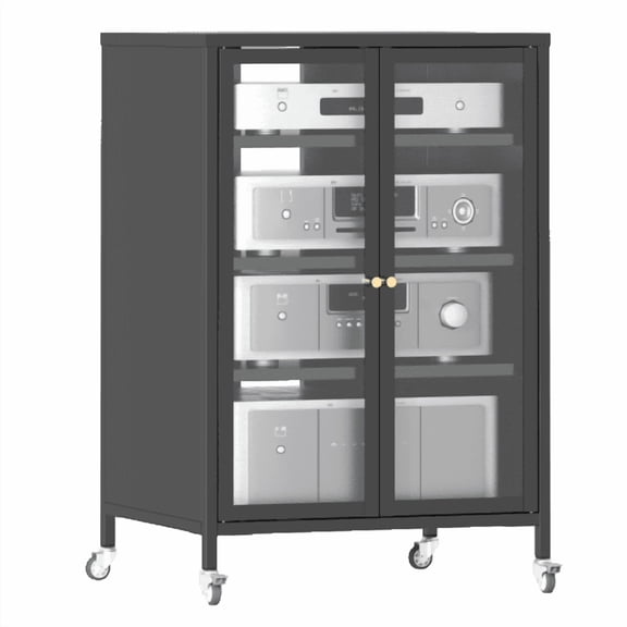 35.8 Inch Media Storage Cabinet Heavy Duty Steel Frame TV Stand with Wheels Adjustable Glass Shelves Dust Proof Door for Living Room,Easy Assembly,Black