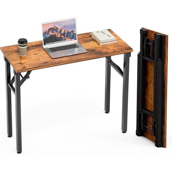35.8 Inch Pre-Assembled Foldable Study Desk, Rustic Brown Portable Computer Table with Foldable Metal Frame