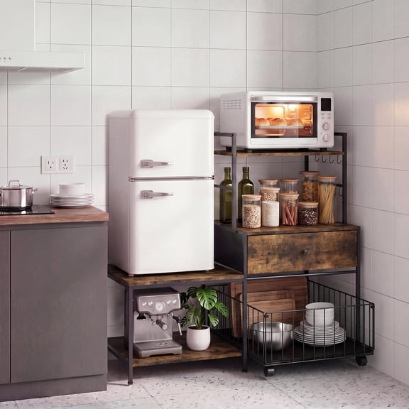 35.8 in Mini Fridge Stand with Storage - Heavy-Duty Metal Baker’s Rack with Drawers, Microwave Shelf, Space-Saving Kitchen Organizer