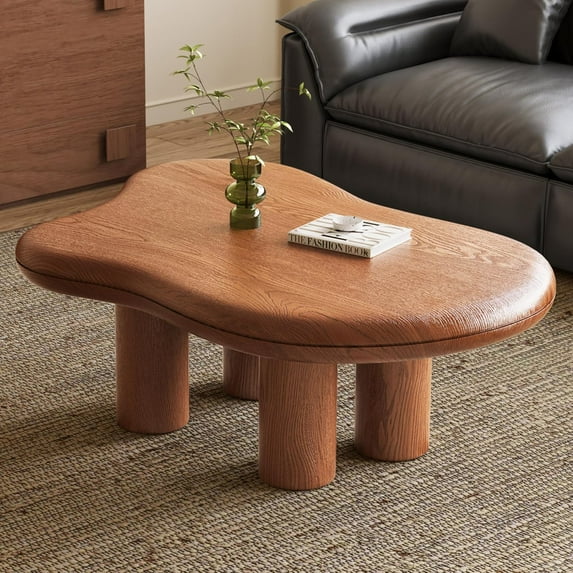 35.82" Wood Color Cloud Shape Coffee Table, Modern Round Edge Coffee Table with 4 Sturdy Support Legs and 2.67" Thick Tabletop,Easy Match for Living Room, Bedroom, Balcony,Patio