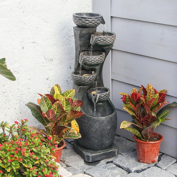 35.83''H Indoor Outdoor Modern Water Fountain 6-Tiers Garden Cascading Fountains Curve Shape Floor Standing Waterfall Water Feature with LED Light for Yard Deck Patio Home Art Decor