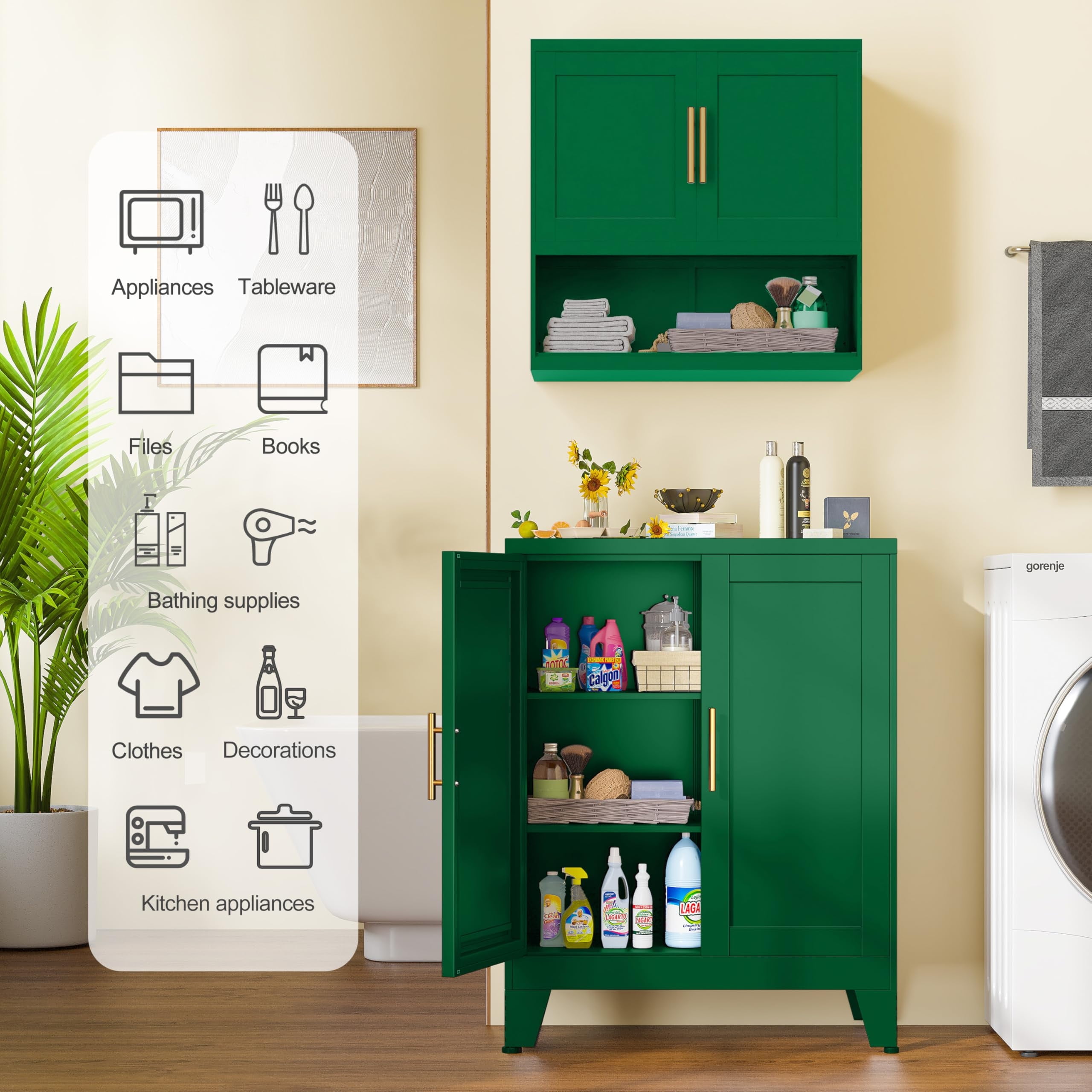 35.83 Inch Green Kitchen Storage Cabinet, 2-Door Steel Pantry Organizer ...