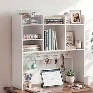 35.9" L White Desk Hutch with Pegboard, Dorm Desk Organizer With 7 Shelves,Multipurpose Desktop Bookshelf for Dorm Office Home, 3-Tier Wooden Display Rack for Computer Desk
