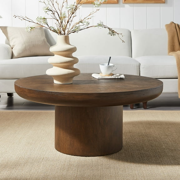 35.98" Round Coffee Table, Modern Side Table Accent End Table Circular Center Table with Cylindrical Leg & Wood Veneer Tabletop Table for Living Room Bedroom Office Apartment, Brown