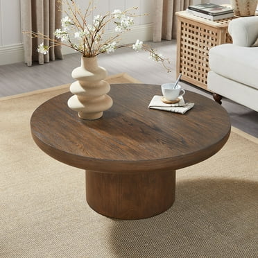 35.98" Round Coffee Table, Solid Wood Center Table Cylindrical Leg, Wood Veneer Tabletop Table, Mid Century Modern Farmhouse Round Coffee Table for living Room, Office, Brown