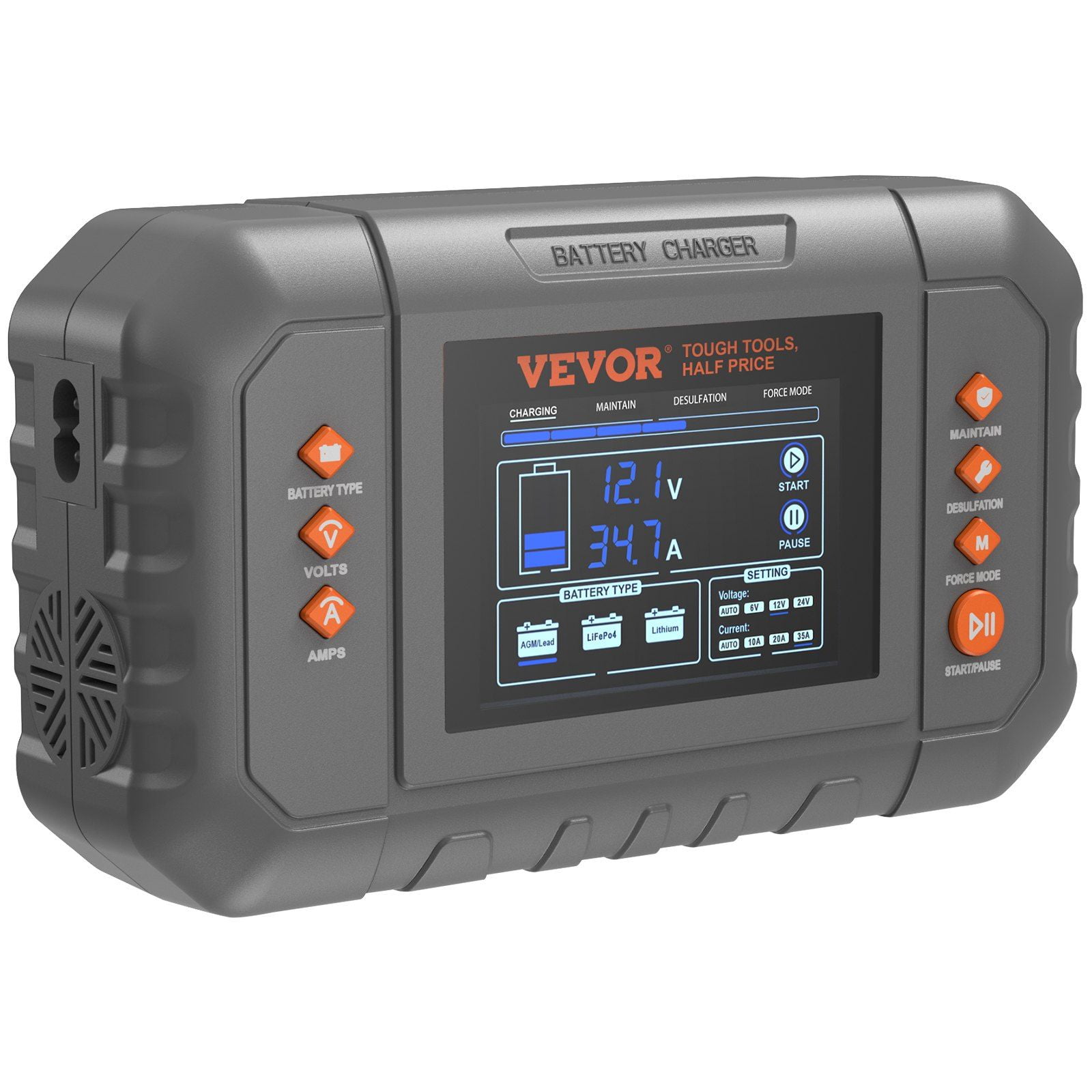 35-Amp Smart Battery Charger - 6V/12V/24V for Lithium/LiFePO4/Lead-Acid - LCD Display with 4 Modes (Charge/Maintain/Desulfate/Supply) - for Cars, Boats, Lawn Mowers