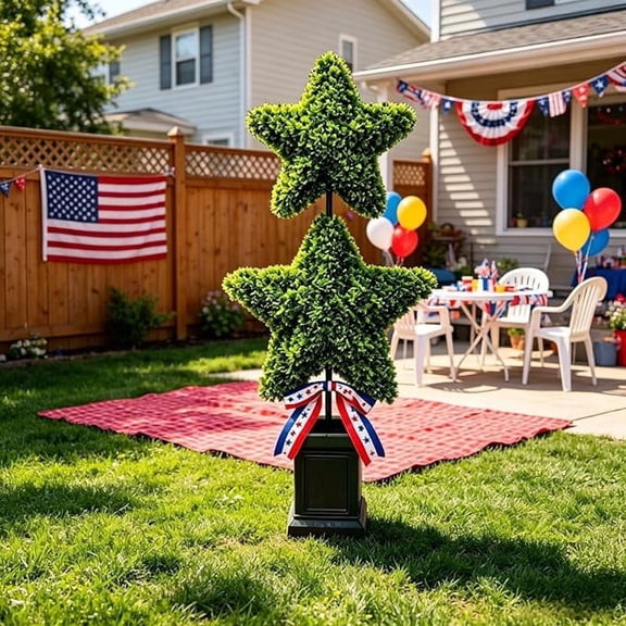 35" Artificial Star Shaped Patriotic Topiary Tree - Faux Boxwood Potted Plant with Red, White & Blue Ribbon, US 250th Anniversary Decoration for Front Door, Porch, Outdoor Garden & 4th of July Decor