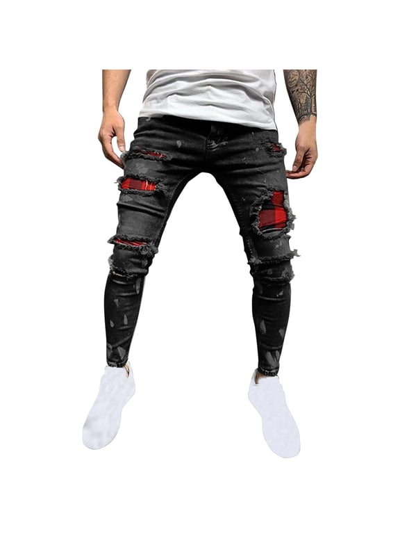 Men's Regular Fit Comfort Flex Waist Jean Men's Casual Straight Ripped Hole Trousers Jeans Pants Full Length Pants Ndbuld,Black,M