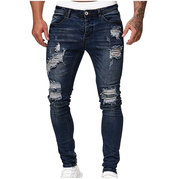 Authentics Men's Regular Fit Comfort Flex Waist Jean Men's Casual Straight Ripped Hole Trousers Jeans Pants Full Length Pants Ndbuld,Dark Blue,M