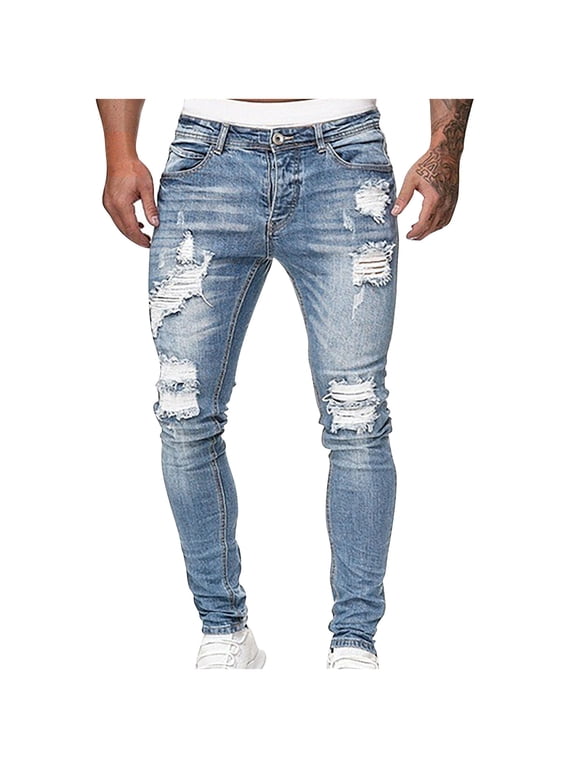 Men's Regular Fit Comfort Flex Waist Jean Men's Casual Straight Ripped Hole Trousers Jeans Pants Full Length Pants Ndbuld,Light Blue,M
