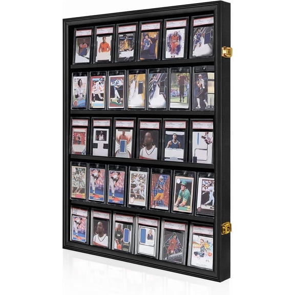 35 Baseball Card Display Case - Graded Sports Card Display Frame - Holds Sport Cards with UV Protection Clear View Lockable Wall Cabinet for Football Basketball Hockey Trading Card Large Black