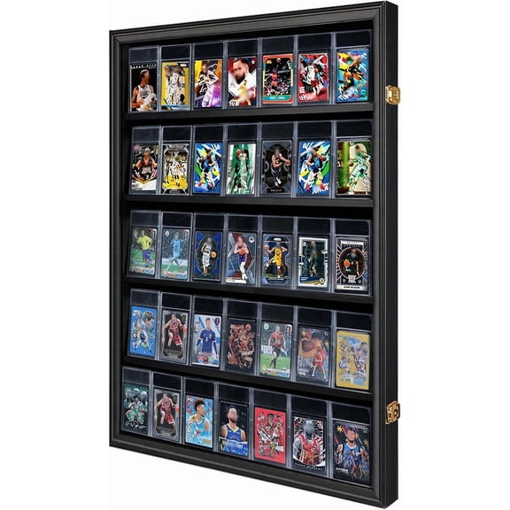 35 Baseball Card Display Case - Graded Sports Card Display Frame - Holds Sport Cards with UV Protection Clear View Lockable Wall Cabinet for Football Basketball Hockey Trading Card Large Black