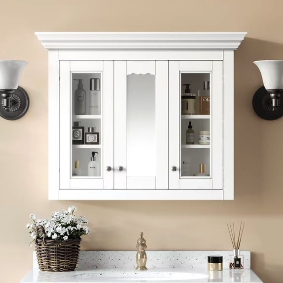 35" Bathroom Medicine Cabinet with Mirror | 2-in-1 Design for Storage & Reflection in Bathroom | Solid Wood + MDF Construction | Solves Small Bathroom Storage Issue