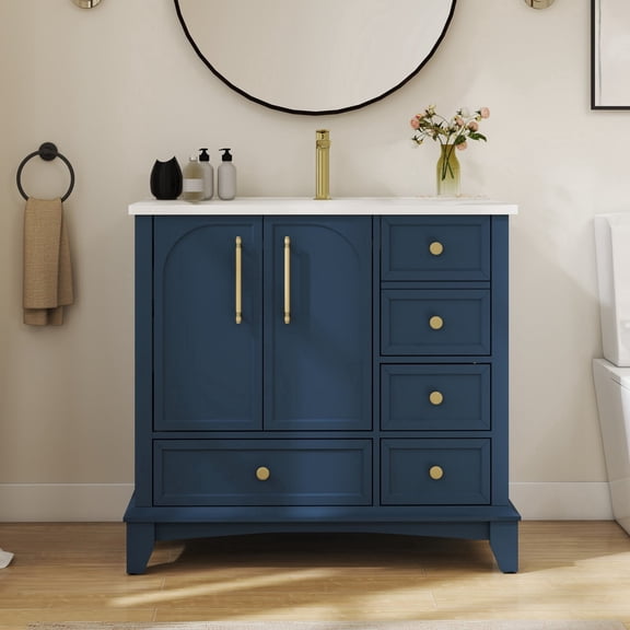 35" Bathroom Vanity with Sink Combo, Modern Freestanding Bathroom Cabinet with 4 Drawers and 2 Soft Closing Doors, Solid Wood Frame, Blue