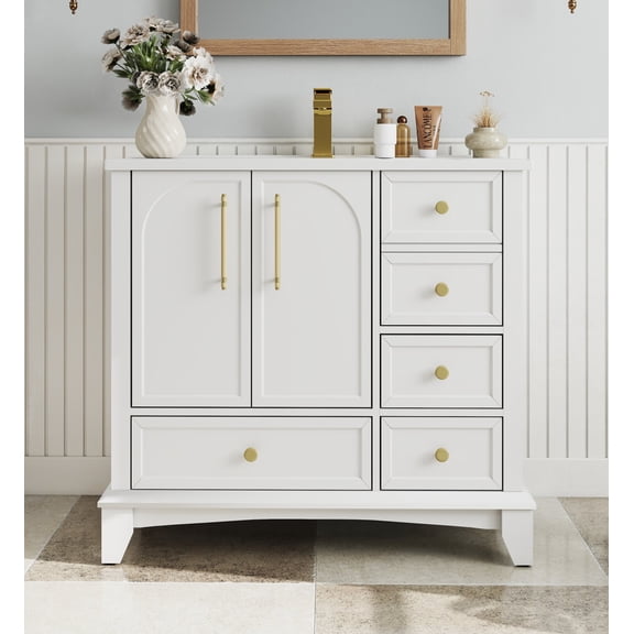 35" Bathroom Vanity with Sink Combo, Modern Freestanding Bathroom Cabinet with 4 Drawers and 2 Soft Closing Doors, Solid Wood Frame, White