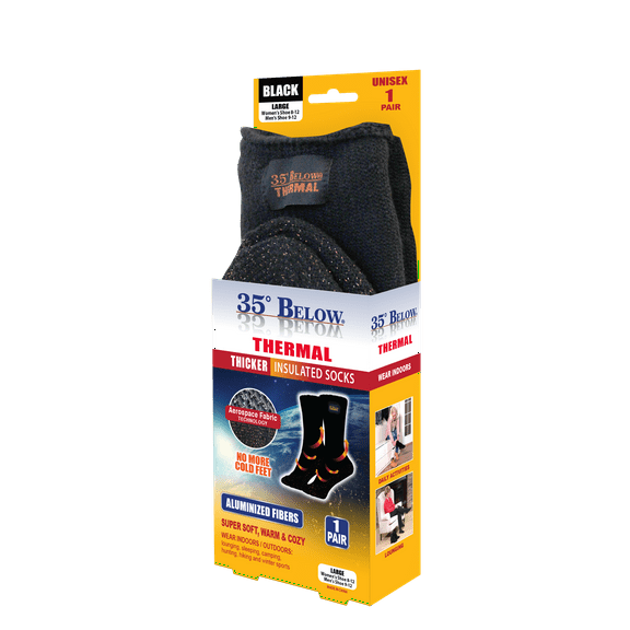 35° Below Thermal Insulated Socks, Black, Unisex, Large, 1 Pair