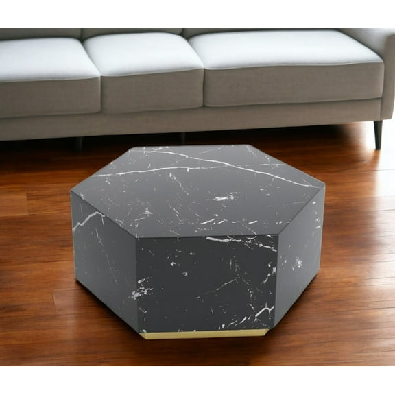 35" Black And Gold Faux Marble Hexagon Drum Coffee Table