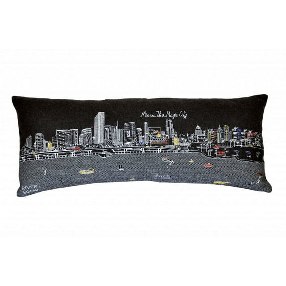 35" Black Miami Nighttime Skyline Lumbar Decorative Pillow