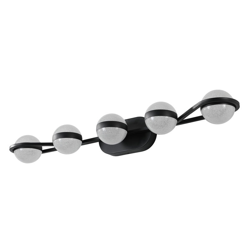 35" Black Minimalist LED Bathroom Vanity Light, 5-Light Wall Mounted Fixture with Crystal Sand Acrylic Shades, Modern Decorative Lighting for Mirror, Sink, and Vanity Area
