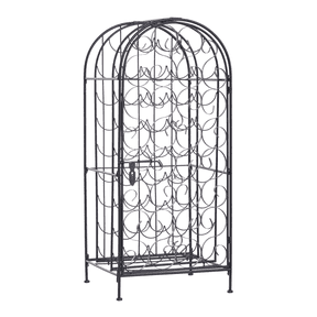 35 Bottle Wine Rack Cabinet, Wrought Iron Lockable Wine Organizer, Black Finish, Home Bar Storage, Renaissance Scroll Design