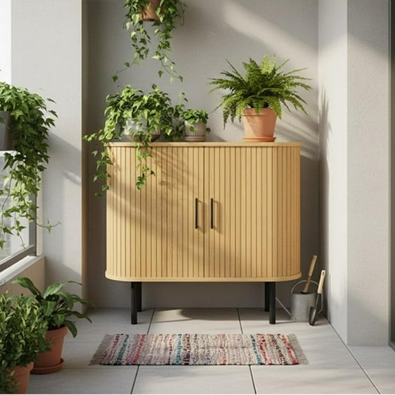 35" Brown Fluted Sideboard with Sliding Doors & 5-Level Adjustable Shelf