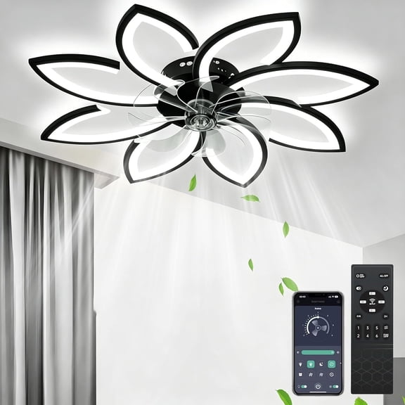 35'' Ceiling Fans With Lights And Remote, Modern Low Profile Ceiling Fans 6 Speed Quiet Reversible , Flush Mount LED Fan Light, Stepless Dimmable for Bedroom/living room/ Room (Black)