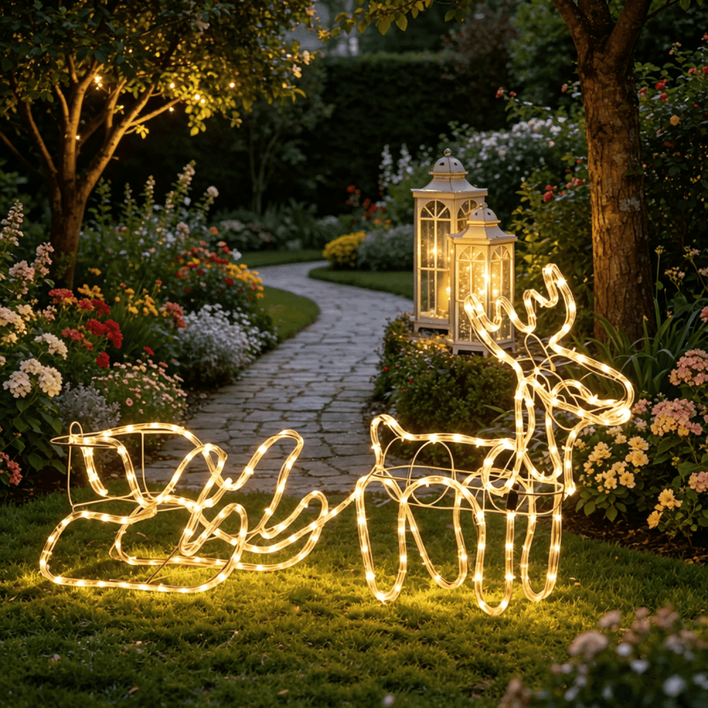 35" Christmas Reindeer And Sleigh LED Motif Indoor Outdoor Yard Decoration Warm White Lighting Steel Frame