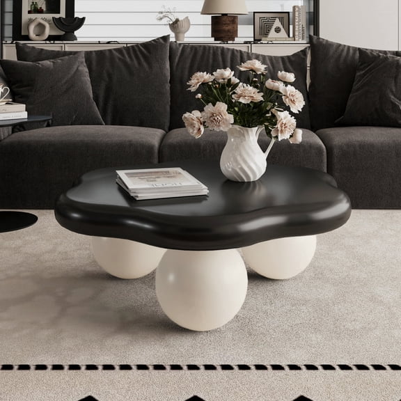 35" Cloud Coffee Table with Legs for Living Room, Petal-Shaped Center Table for Small Space, Black Top White Legs