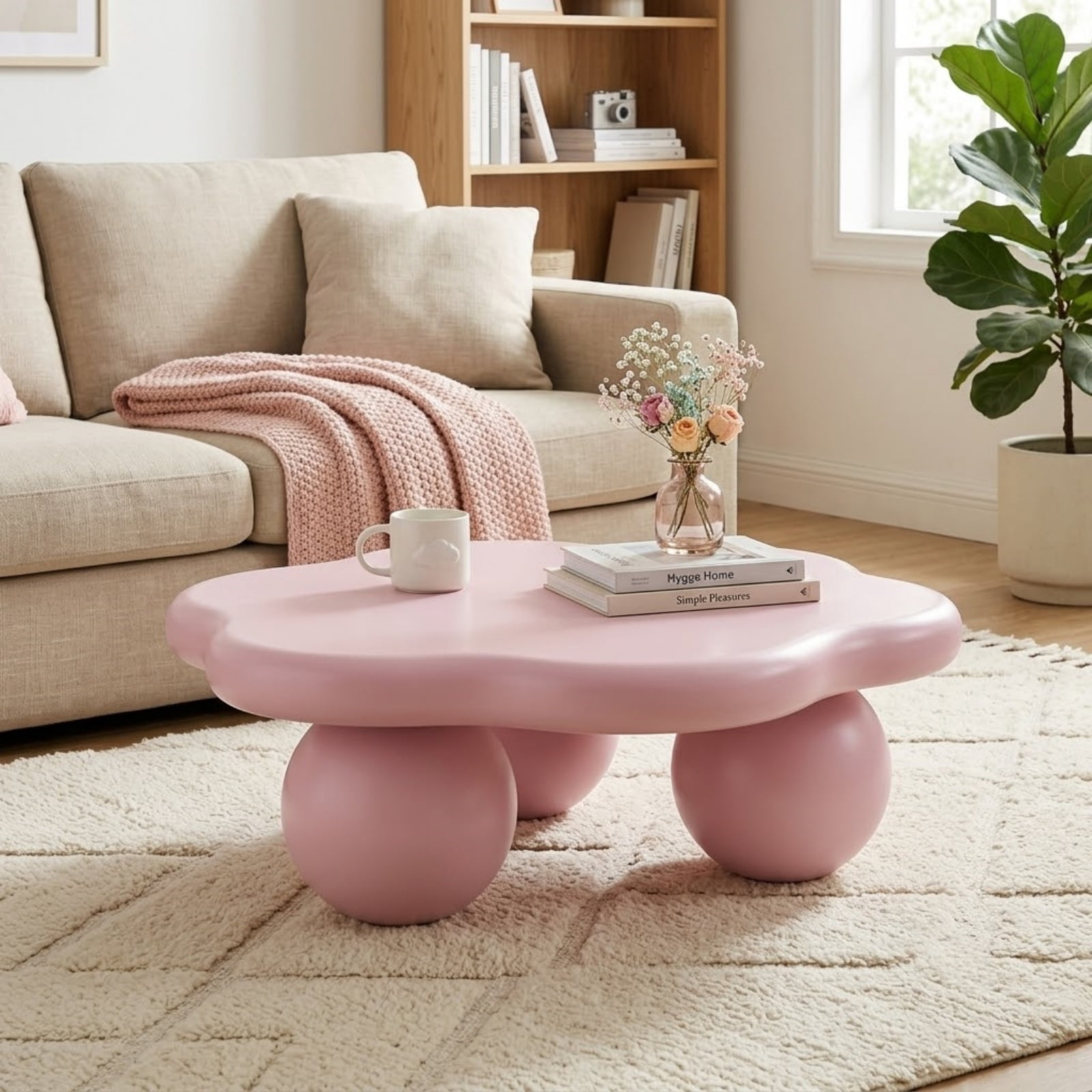 35" Cloud Shaped Coffee Table, Petal-Shaped Modern Minimalist Coffee Table with Spherical Legs, Kid & Pet Friendly Space Saving Center Table Tea Table for Small Apartment