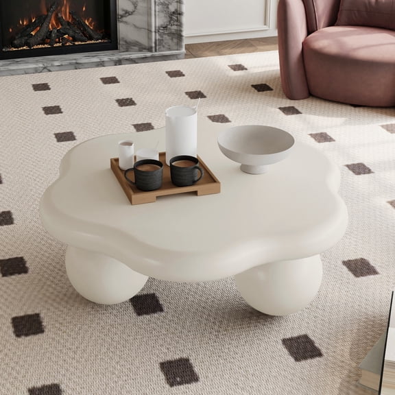 35" Cloud Shaped Coffee Table, Petal-Shaped Modern Minimalist Coffee Table with Spherical Legs, Unique Artistic Design, Kid & Pet Friendly Space Saving Living Room Table for Small Apartment