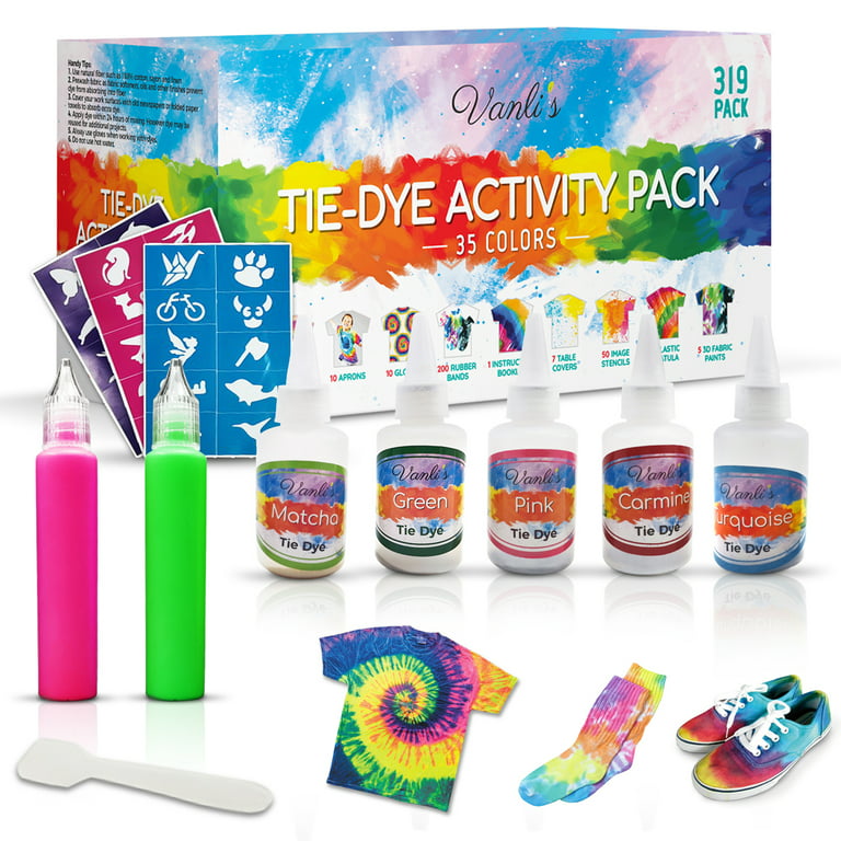 35 Colors Tie Dye Kit Fabric Dye Set, 3D Fabric Paints, Great for Party,  Large Groups. 319 Pack Complete with Rubber Bands, Aprons, Gloves, Stencils