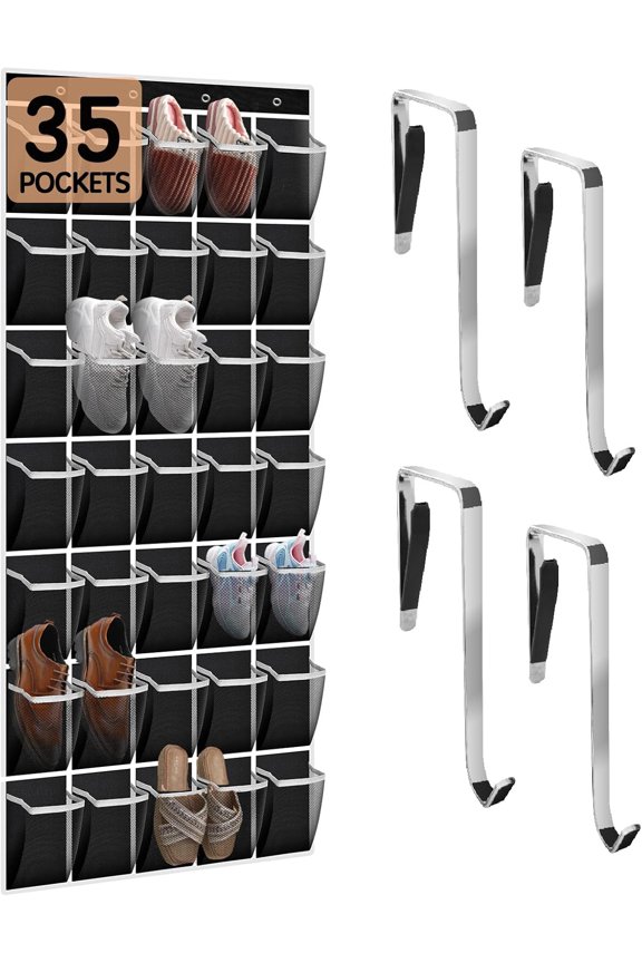 35 Compartment Over The Door Storage - Breathable Mesh Hanging Organizer with Large Pockets, Space Saving Design for Men & Women's Footwear, Closet, Bedroom- Black (Black, 35-Pocket)