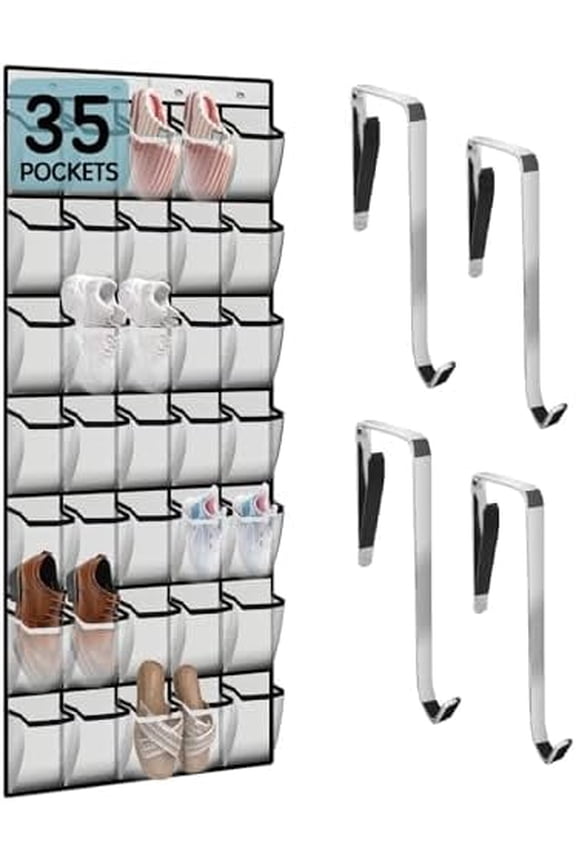 35 Compartment Over The Door Storage - Breathable Mesh Hanging Organizer with Large Pockets, Space Saving Design for Men & Women's Footwear, Closet, Bedroom （White）