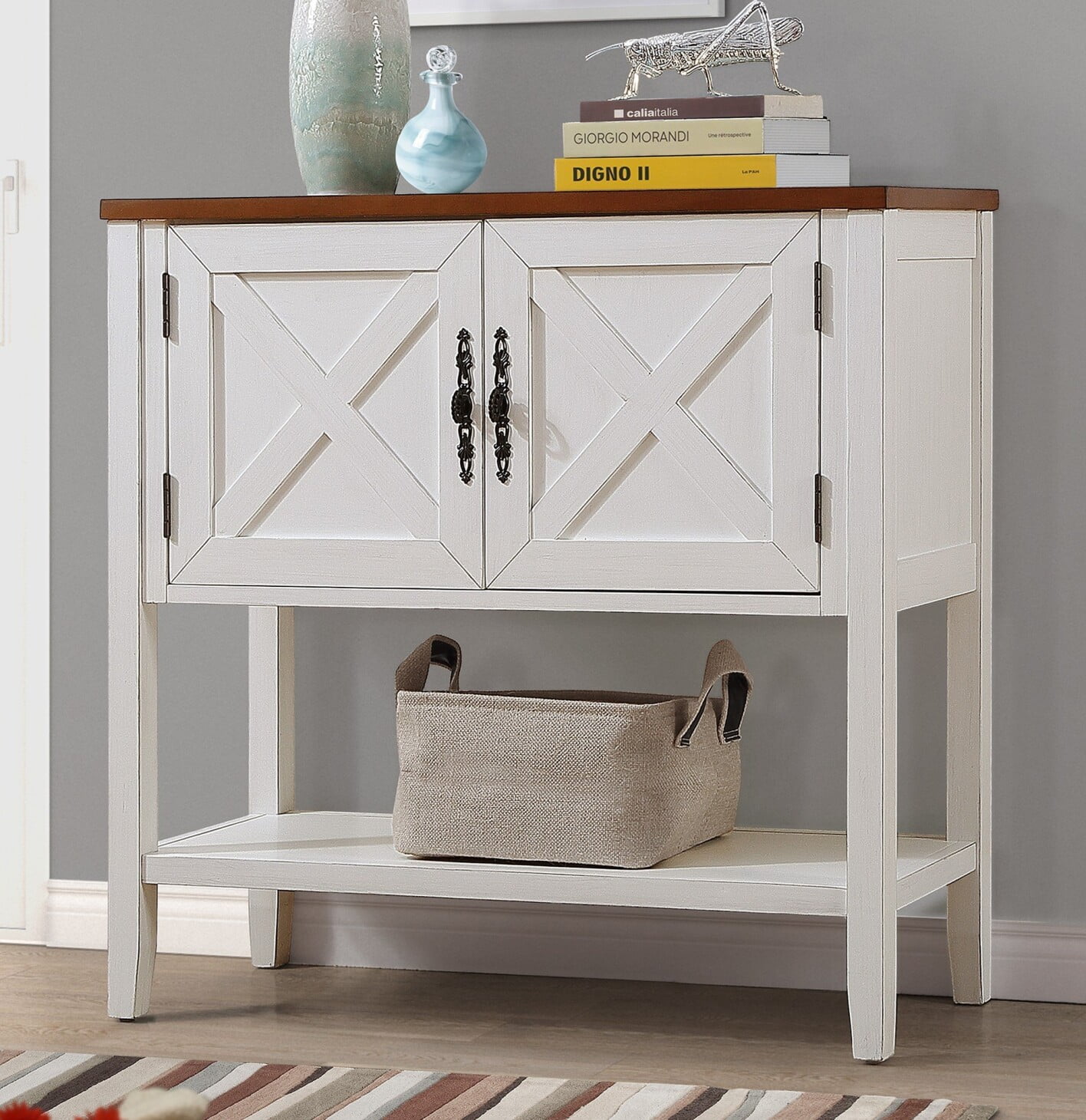 35''Console Table with Bottom Shelf and 2 Door Farmhouse Foyer