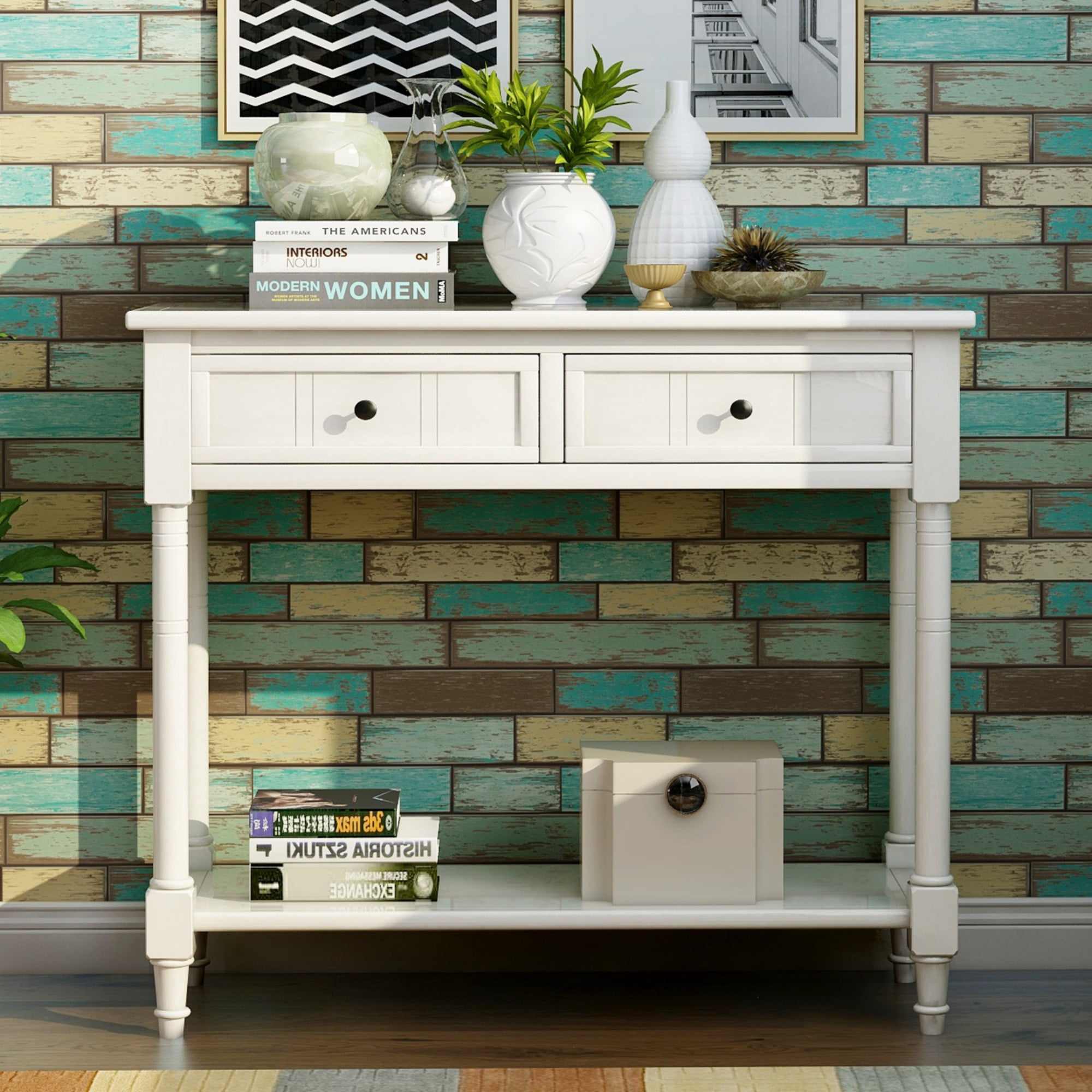 35" Console Table with Drawers,Wood Entryway Table Hallway Table with Open Storage for Living Room,Entryway, Hallway,Ivory