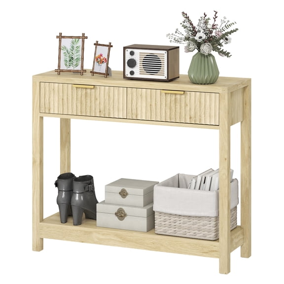 35" Console Table with Storage, Entryway Table with Drawers & Shelf, Fluted Design, Narrow Sofa Table for Hallway, Living Room, Natural Wood