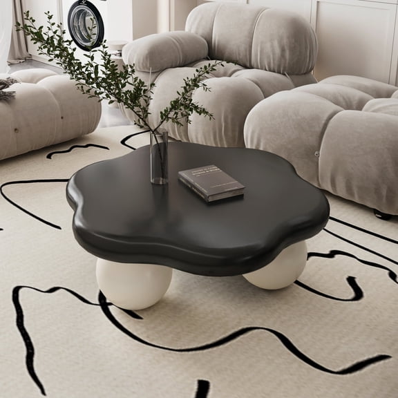 35" Contrast color Cloud Shaped Coffee Table, Petal-Shaped Modern Minimalist Coffee Table with Spherical Legs, Kid & Pet Friendly Living Room Table for Small Apartment, Black Top White Legs No9702