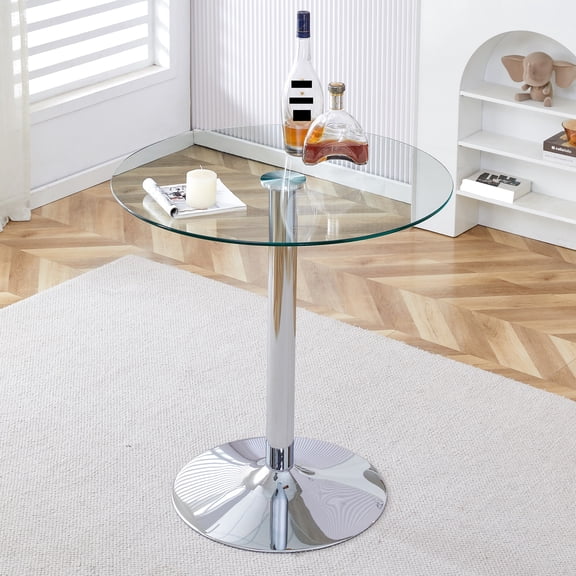 35" Diameter Round Glass Bar Pub Bistro Table with Clear Glass Top Chrome Metal Base for Small Spaces, Apartment, Dining Room, Kitchen, Bar, Easy Assembly