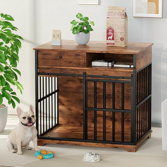 35" Dog Crate Furniture, Wooden Indoor Dog Kennel for Small to Medium Dogs