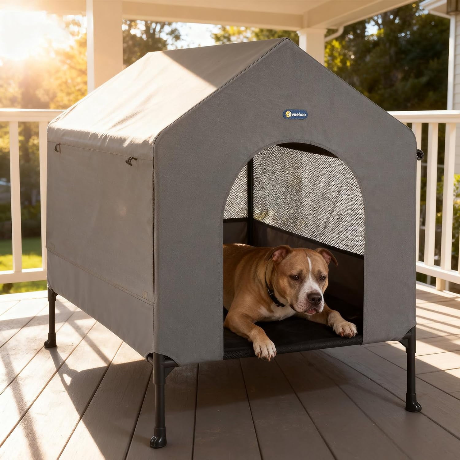 35" Dog House, 2-in-1 Large Dog House Outdoor Indoor Weatherproof, Outside Elevated Dog Cot Bed Dog Tent Shade, Three-Sided Breathable Mesh Windows and Sunshades, CWC2435CP