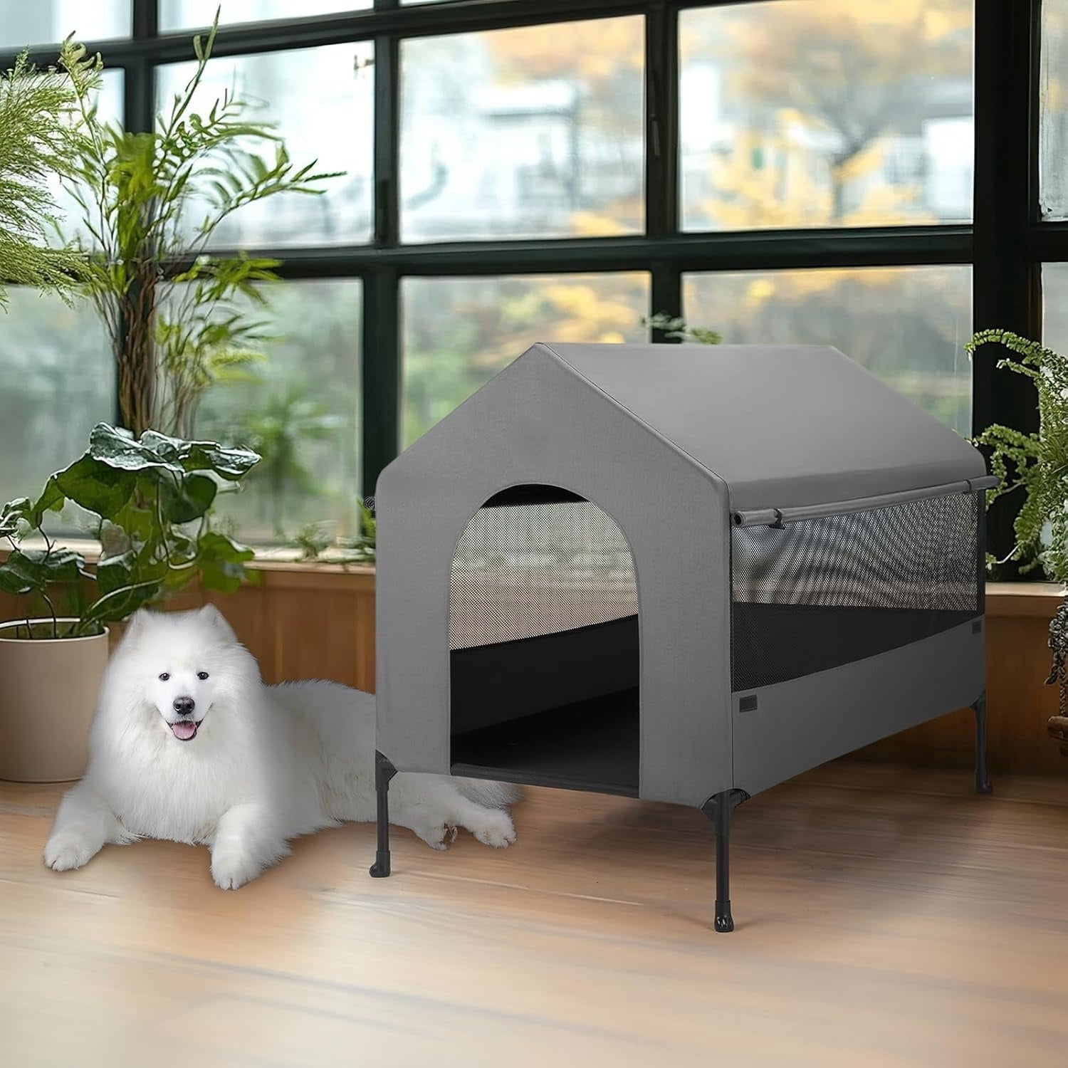 35" Dog House, 2-in-1 Large Dog House Outdoor Indoor Weatherproof, Outside Elevated Dog Cot Bed Dog Tent Shade, Three-Sided Breathable Mesh Windows and Sunshades