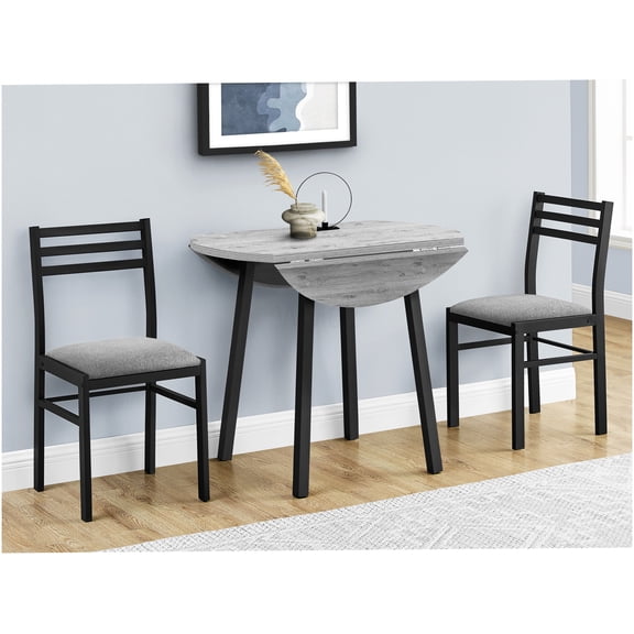 35" Drop Leaf Dining Table Set with 2 Chairs, Space Saving Kitchen Table in Grey Laminate and Black Metal, 3-Piece Modern Dining Set