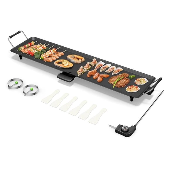 35 Electric Griddle - Nonstick Teppanyaki Grill, 2000W, 5 Temp Control, Drip Tray, Indoor/Outdoor BBQ, Party Pancake Griddle