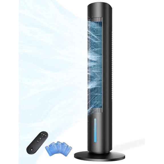 35" Evaporative Cooler, Swamp Cooler w/4 Ice Packs, 3 Speeds, 25ft Remote & 7H Timer, 90°Oscillating, Windowless Portable Air Conditioner for Bedroom Indoor, Black