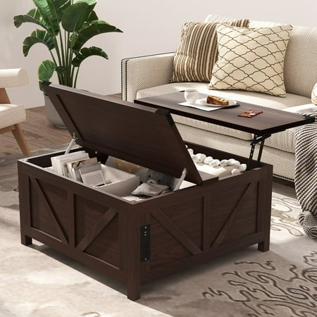 35" Farmhouse Lift-Top Coffee Table with Hidden Storage, USB Charging Station, Power Outlets & Adjustable Height - Rustic Brown Square Living Room Center Table with Organizational Space