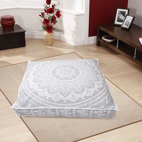 35" Floor Pillow Cushion Cover - Indian Hippie Ombre Mandala Square Ottoman Daybed Oversized Cotton Cushion Cover| Dog-Pets Bed, 35" Silver