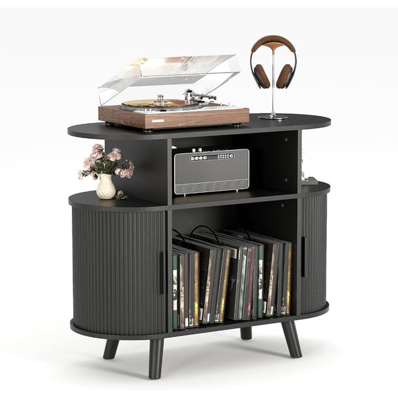 35'' Fluted Mid Century Modern Turntable Cabinet, Large Round Record Player Stand with Charging Station and Display Shelf, Arched Wood Record Player Table for Living Room