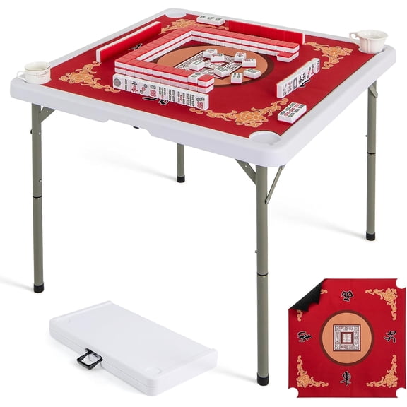 35" Foldable Mahjong Table, Portable Card Table w/Anti-Slip Mat & 4 Cup Holders, HDPE Tabletop, Metal Legs & Handle for Domino, Poker, Picnic, Family Gatherings (Red)
